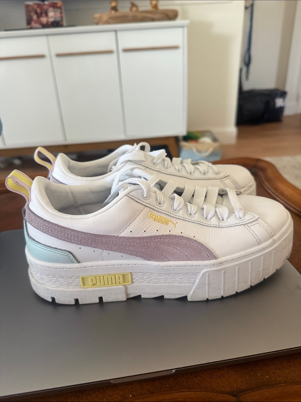 Puma White Platform Sneakers with Lavender, Mint and Yellow Accents
